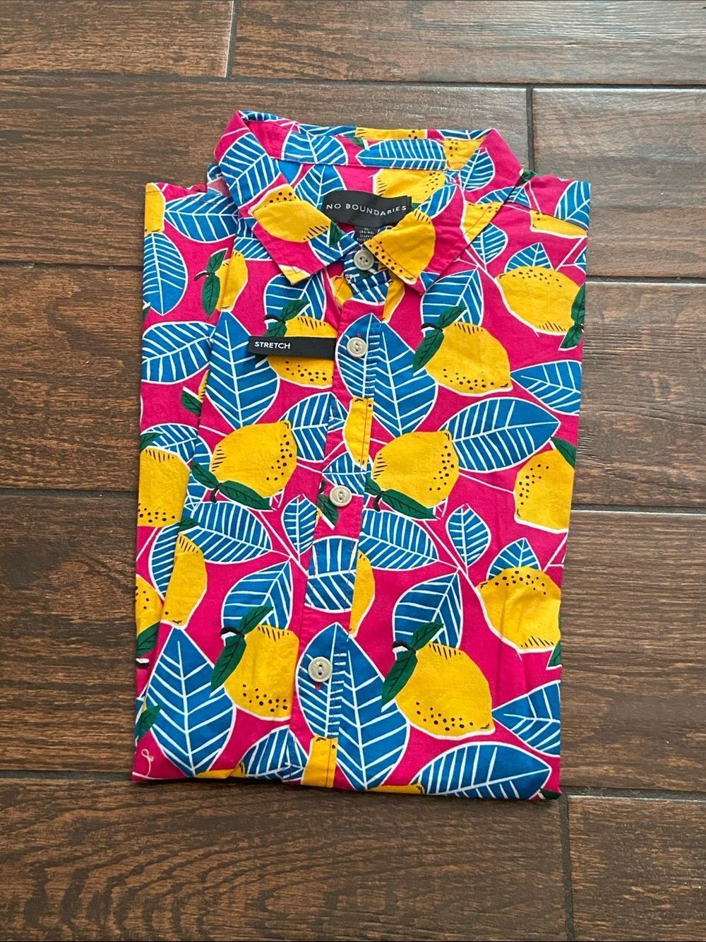 No Boundaries Men's Bright Pink Button-Down Shirt with Yellow Lemon Print